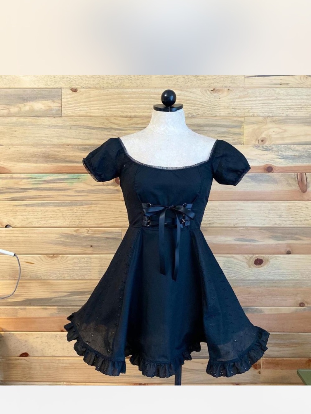 Handmade Babydoll Black Puff-Sleeve  Dress with Ribbon Detail